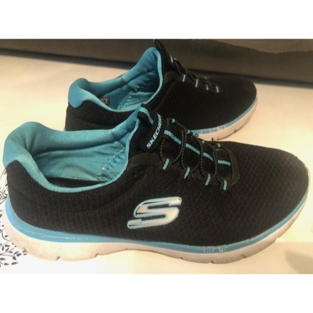 Skechers Women's Foam Tennis Shoes 7.5 Black And Teal Slip ons comfy